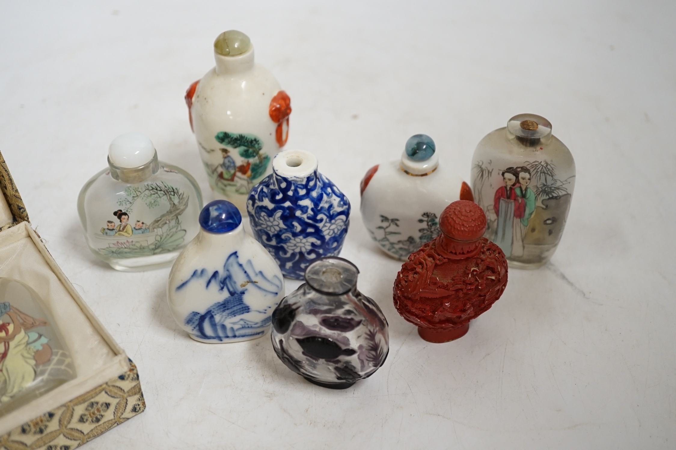 Nine various Chinese snuff bottles. Condition - fair to good